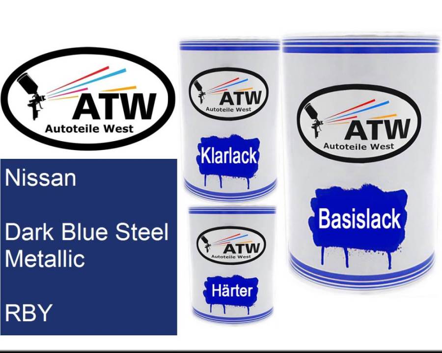 Nissan, Dark Blue Steel Metallic, RBY: 500ml Lackdose + 500ml Klarlack + 250ml Härter - Set, von ATW Autoteile West.